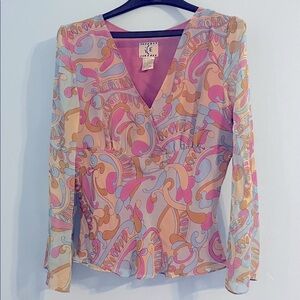 Retro Pastel Swirl V-Neck Blouse L